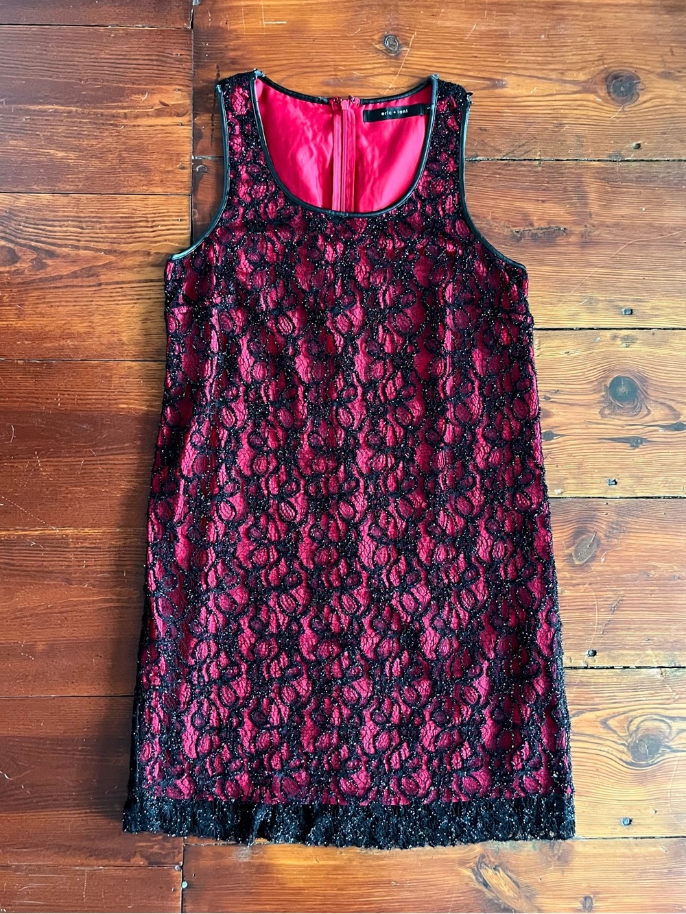 Red slip dress with black lace overlay